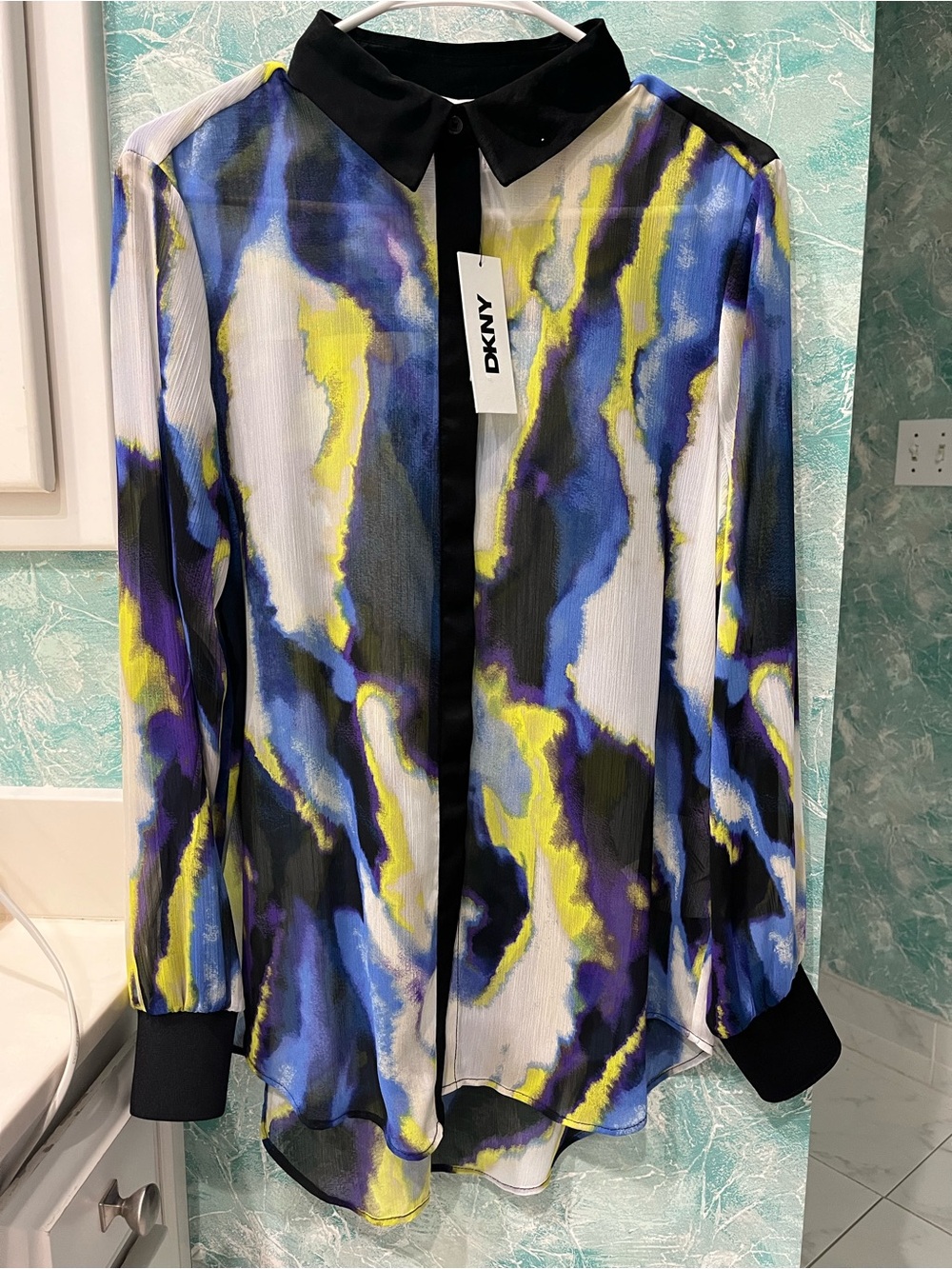 Dkny Abstract Wave-Print Button-Up Blouse in Blue, Yellow, Black